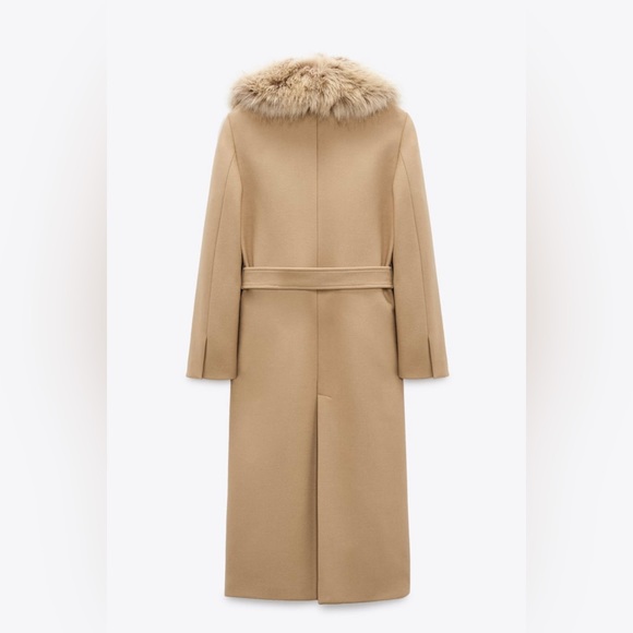 Zara coat wool blend 75% long camel belted rope trench fur collar Manteco - Picture 2 of 15
